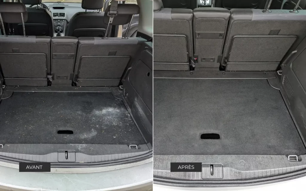 Avant après nettoyage d'un coffre avec moisissure sur Opel Meriva à Thionville