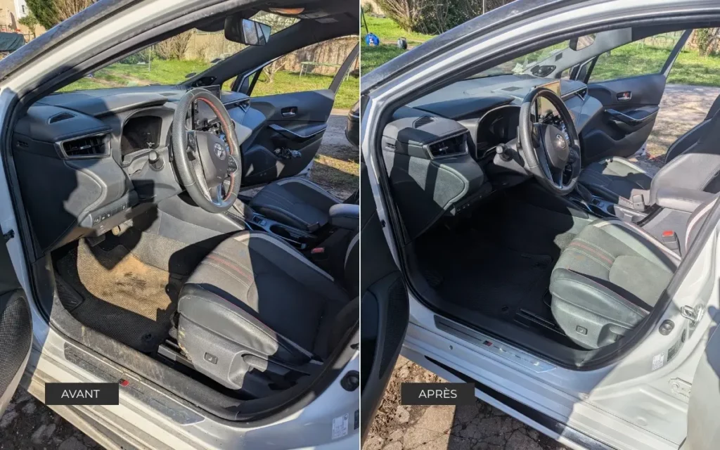Avant après nettoyage de l'habitacle d'une Toyota Corolla à Thionville