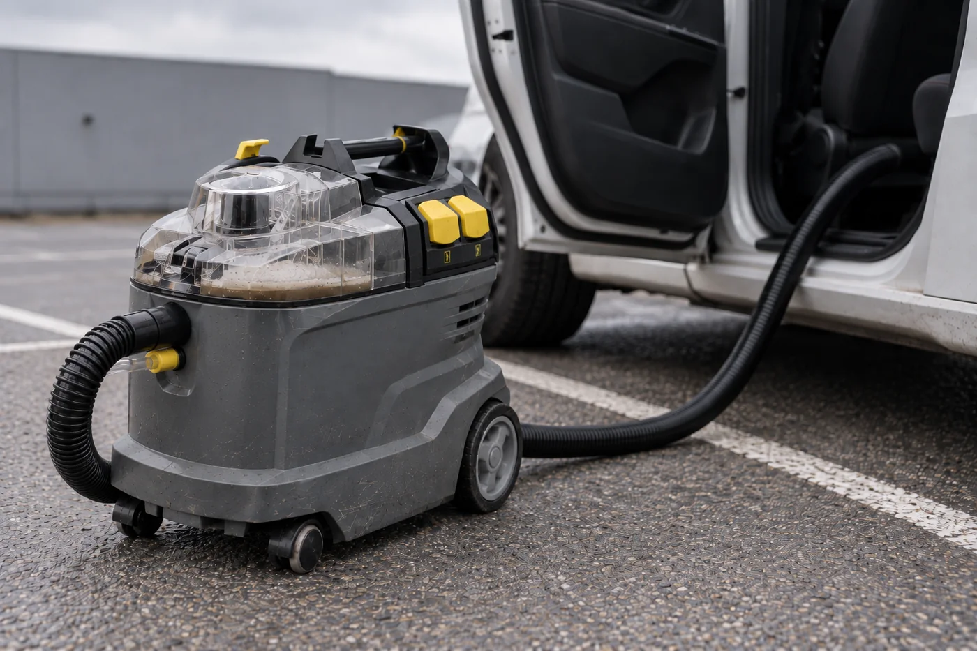 Machine d'injection-extraction pos&eacute;e sur un parking, porti&egrave;re d'un v&eacute;hicule ouverte